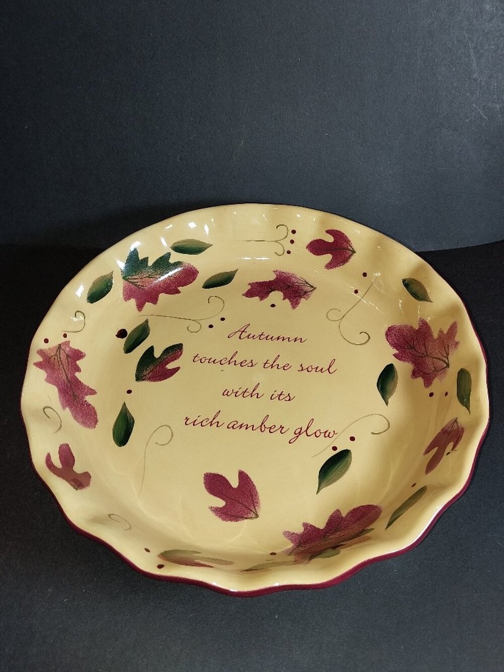 Russ Berrie Autumn 9” Deep Dish Pie Plate hand painted “Autumn Touches The Soul"